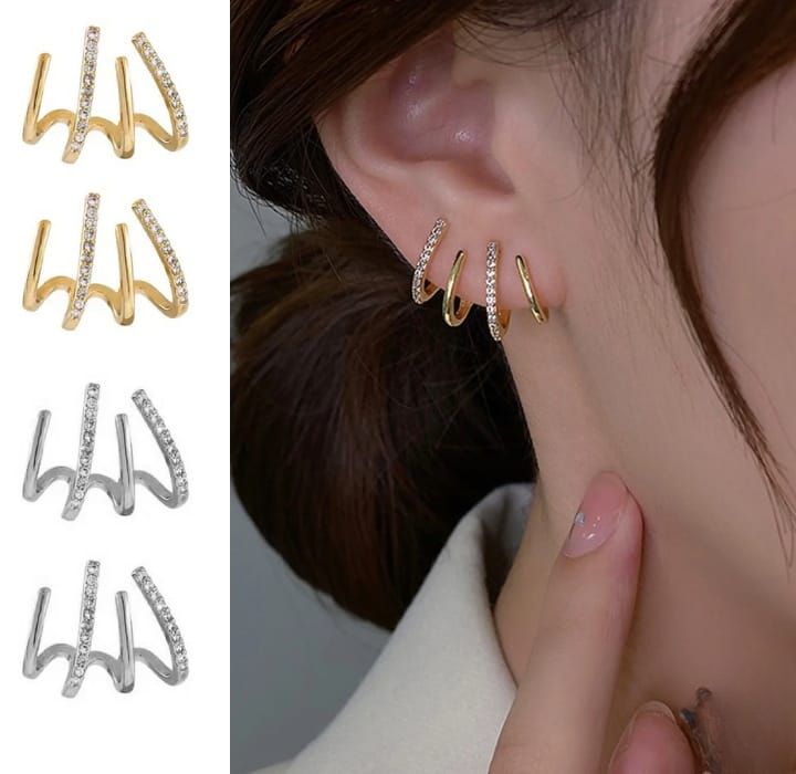 W Shape Zircon Korean Earring Cuff Earrings that Look Like Multiple Piercings for Women View Gallery - Pakistan