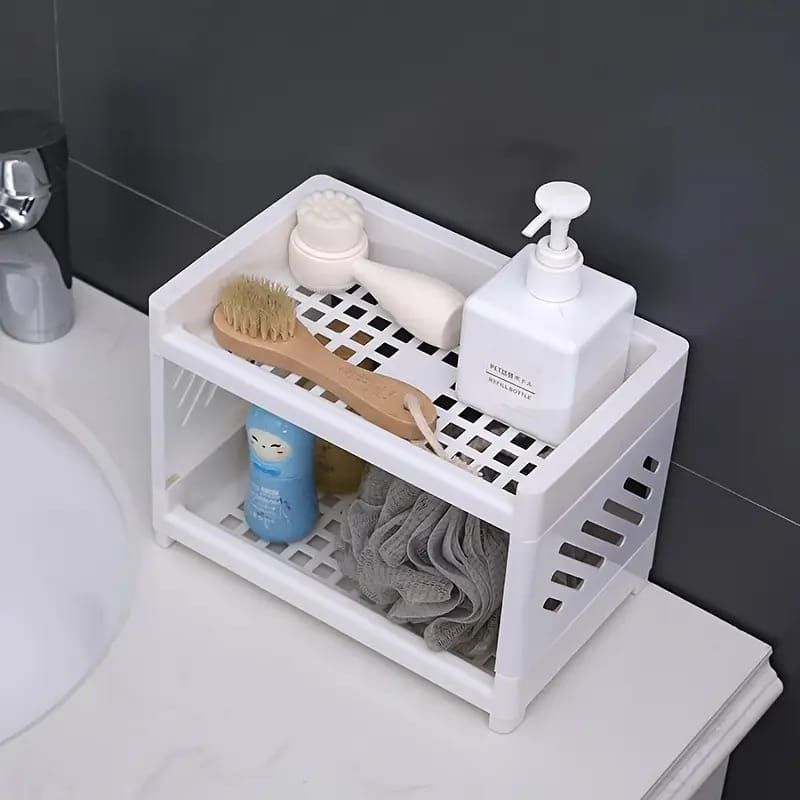 Desktop Double-Layer Plastic Storage Holder Rack Cosmetic Box Kitchen Bathroom Desk Shelf Organizer Office Supplies Stationery (Random Color) View Gallery - Pakistan