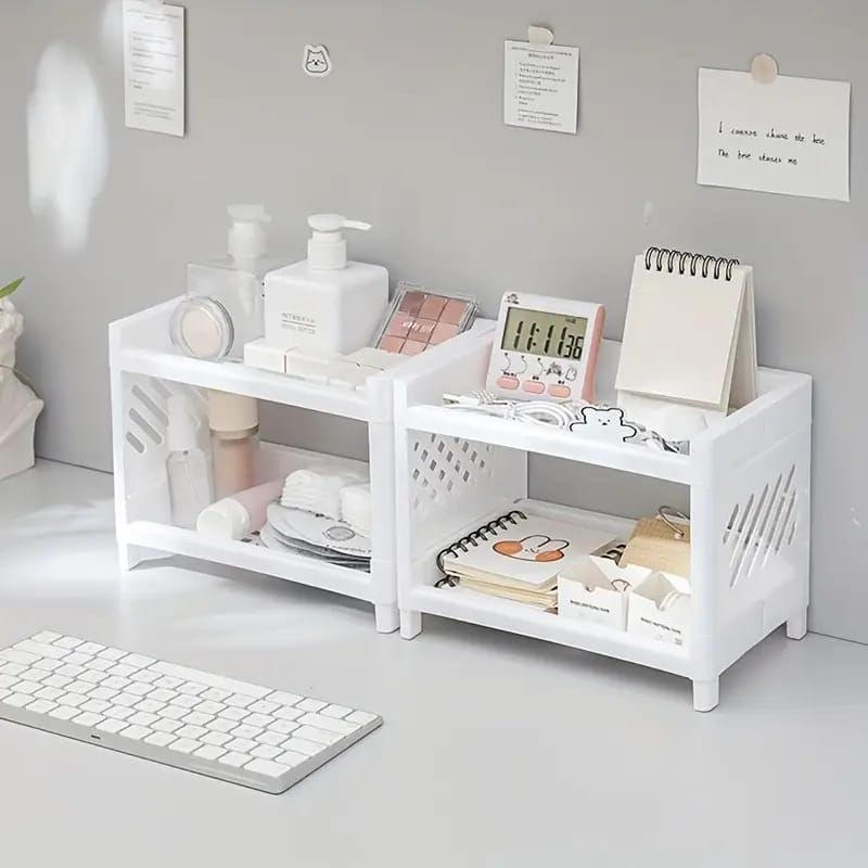 Desktop Double-Layer Plastic Storage Holder Rack Cosmetic Box Kitchen Bathroom Desk Shelf Organizer Office Supplies Stationery (Random Color) View Gallery - Pakistan