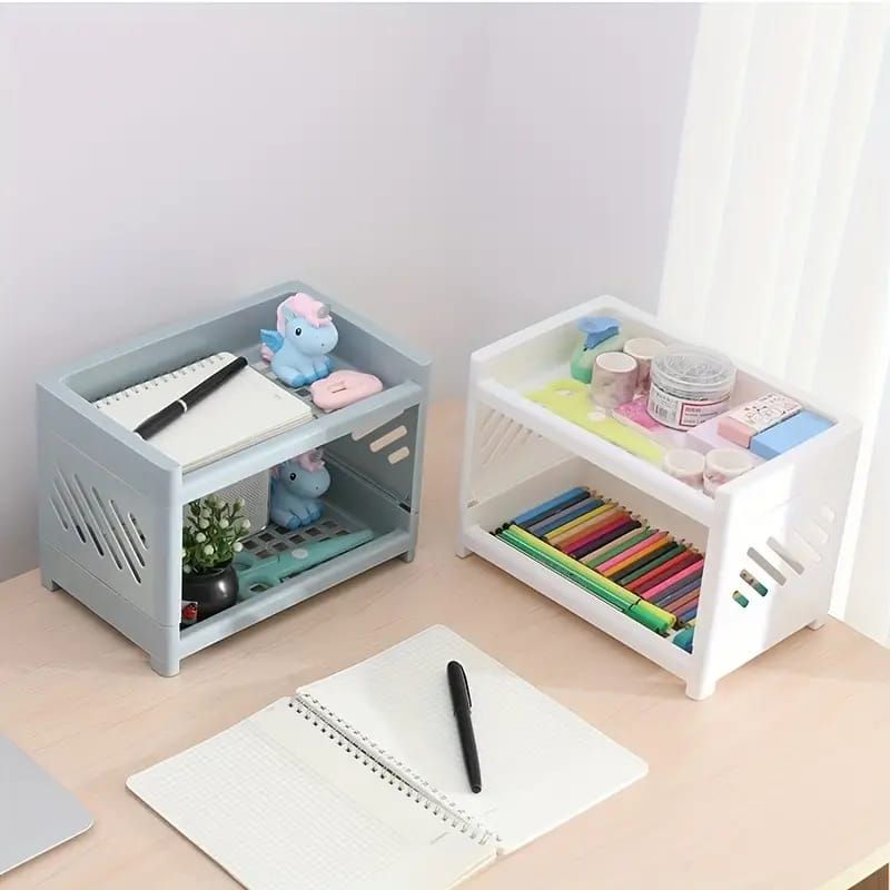 Desktop Double-Layer Plastic Storage Holder Rack Cosmetic Box Kitchen Bathroom Desk Shelf Organizer Office Supplies Stationery (Random Color) View Gallery - Pakistan