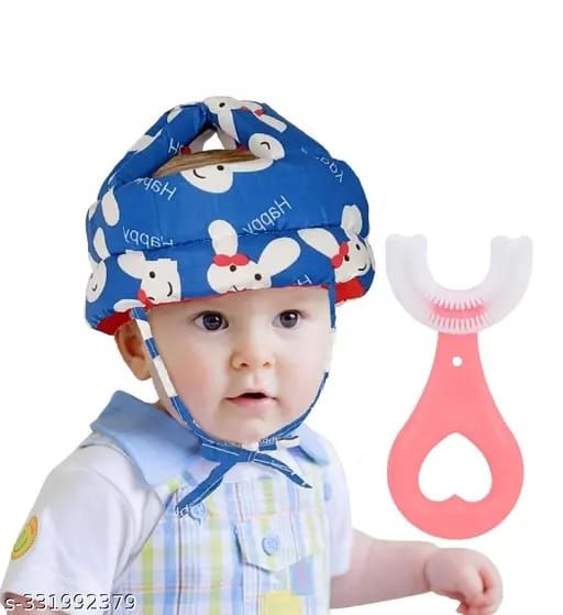Baby Head Protector Crawling - Baby Safety Helmet &amp;amp; amp Walking Helmet + 360 Degree U-shaped Baby Toothbrush (Random Color/Design)