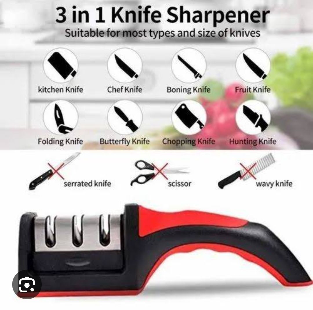 3 in 1 Manual Knife Sharpening Kitchen Accessories Manual Stainless Steel 3 Stage Kitchen Handheld Knife Sharpener View Gallery - Pakistan