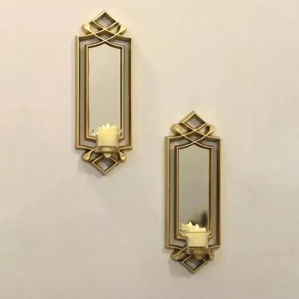 2 Pcs Fancy Wall Mirror &amp; Candle Stand Decor For Home &amp; Office View Gallery - Pakistan