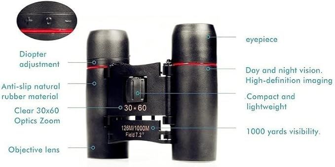 30x60 Compact Folding Binoculars, Folding Telescope With Clean Cloth and Carry Case for Kids, Adults, Outdoor, Travel, Birding, Birdwatching, Hiking, Sightseeing View Gallery - Pakistan