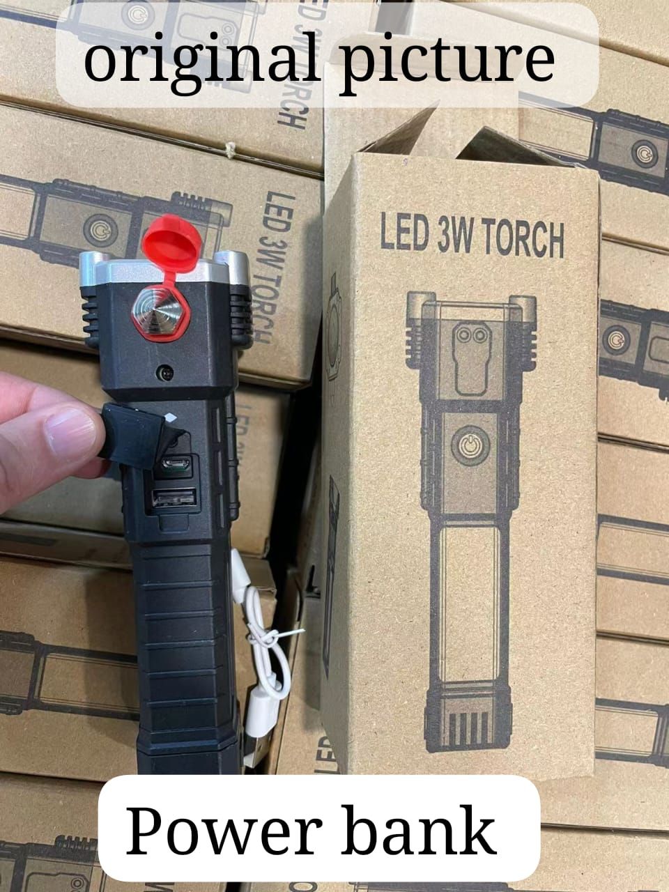 High-power Led Torch Light Rechargeable Flashlight And Multifunctional Tactical Hammer &amp; Power Bank To Charge the Phone With Box (random Color) View Gallery - Pakistan