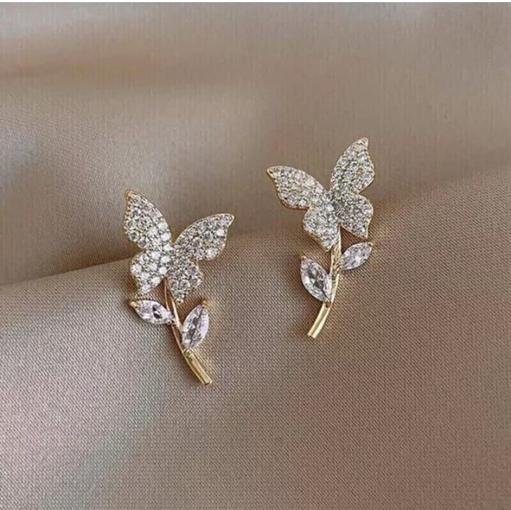 Golden Butterfly Flower Style Zircon Studs  for Women Girls