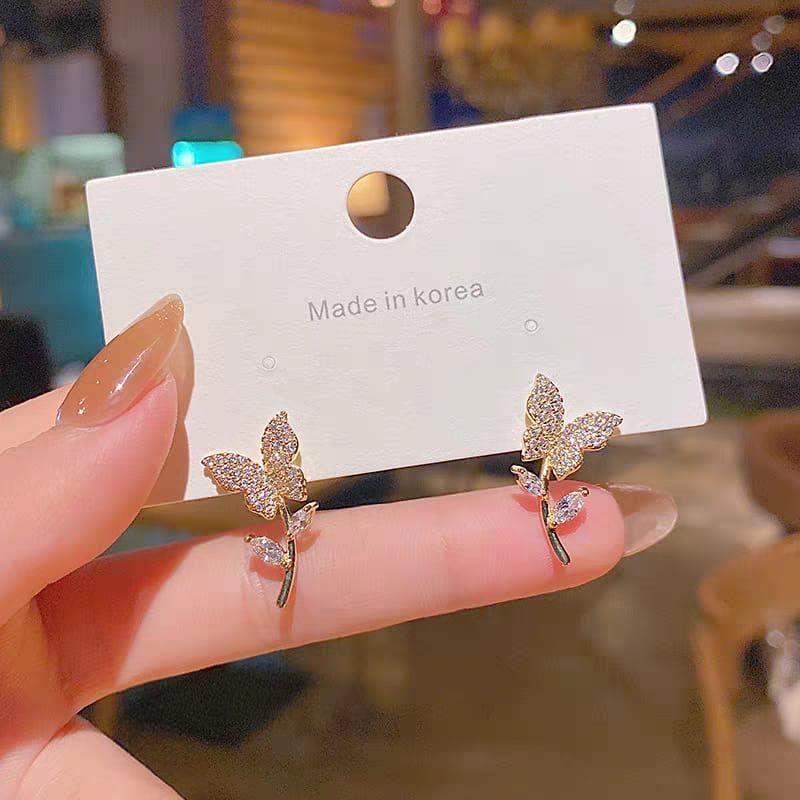 Golden Butterfly Flower Style Zircon Studs  for Women Girls View Gallery - Pakistan