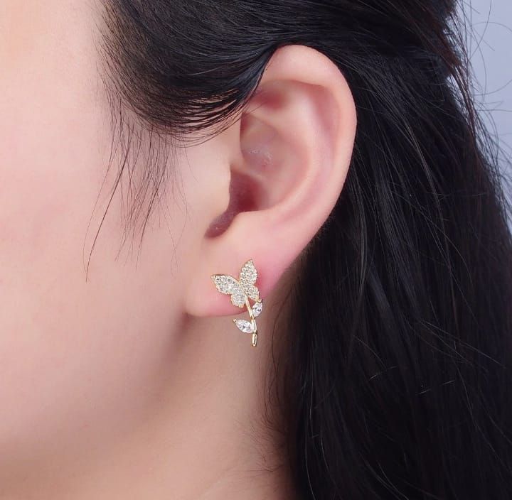 Golden Butterfly Flower Style Zircon Studs  for Women Girls View Gallery - Pakistan