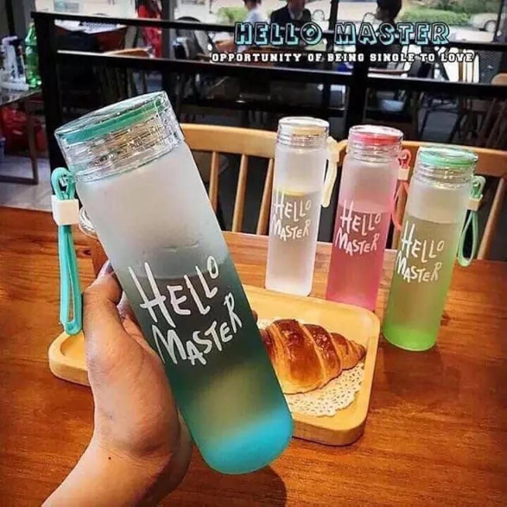 Frosted Glass Water Bottle With Hello Master Decal Logo - 400ml (Random color) View Gallery - Pakistan