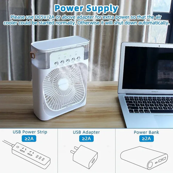 10 inche Portable Air Conditioner Fan: USB Electric Fan with LED Night Light, Fine Mist Water, and Humidifier Function | Led Night Light Water Mist (Random Color) View Gallery - Pakistan