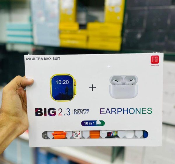 i20 Ultra MAX Smart Watch | Premium Quality | 2.3 '' Big Display Screen | Airpods &amp; 7 Straps in Box | 10 in 1 (Random color) View Gallery - Pakistan