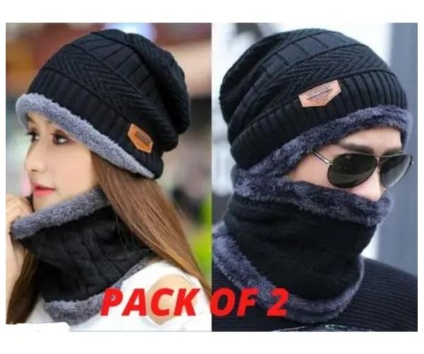 Couple Pack of 2 Combo - woolen winter beanie Head cap with neck warmer muffler for men and women (Black)