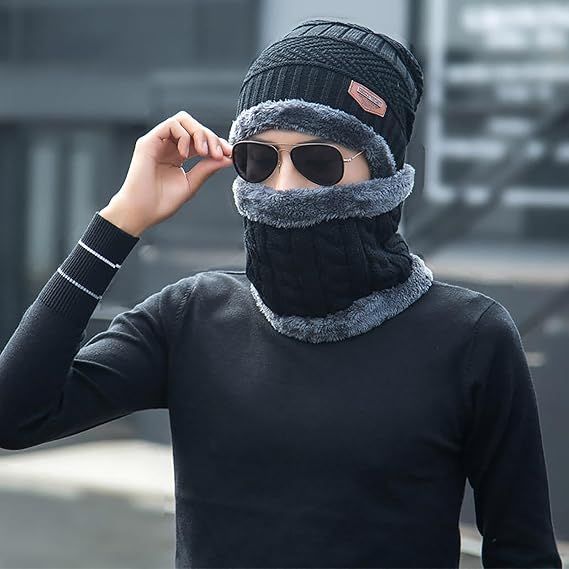 Couple Pack of 2 Combo - woolen winter beanie Head cap with neck warmer muffler for men and women (Black) View Gallery - Pakistan