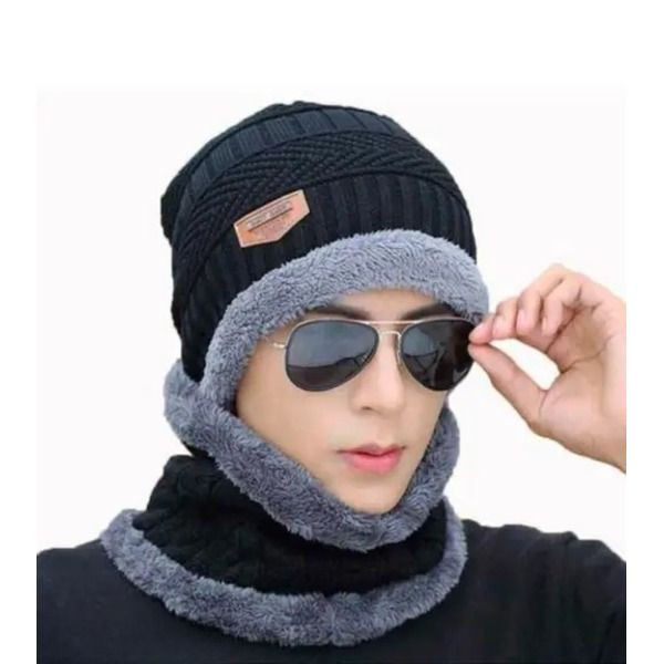 Head &amp; Neck Cap Beanies Combo - woolen winter beanie cap with neck warmer muffler for men and women (Black) View Gallery - Pakistan