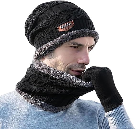 Head &amp; Neck Cap Beanies Combo - woolen winter beanie cap with neck warmer muffler for men and women (Black) View Gallery - Pakistan