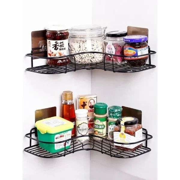 Metal Corner Rack For Bathroom &amp; Kitchen | Shelf Organize | Wall Mount Bathroom Accessories (with 2 Hooks included) View Gallery - Pakistan