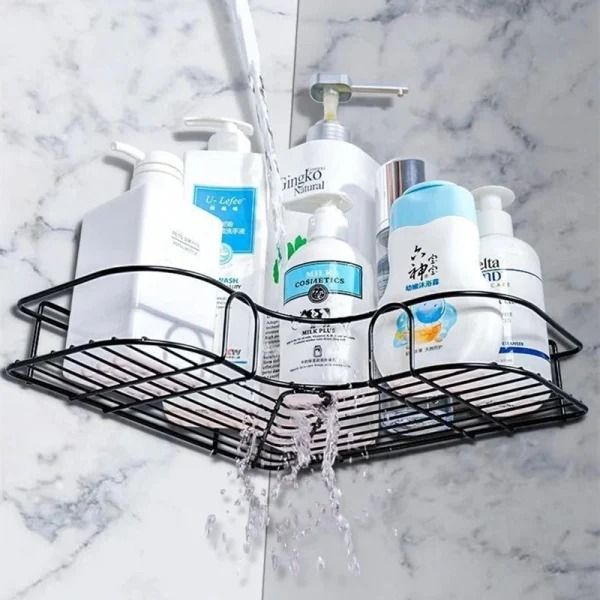 Metal Corner Rack For Bathroom &amp; Kitchen | Shelf Organize | Wall Mount Bathroom Accessories (with 2 Hooks included) View Gallery - Pakistan