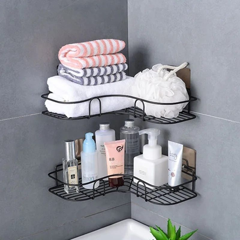 Metal Corner Rack For Bathroom &amp; Kitchen | Shelf Organize | Wall Mount Bathroom Accessories (with 2 Hooks included) View Gallery - Pakistan