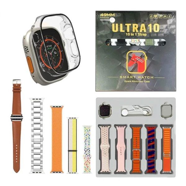 Ultra 10 Smart Watch | 10 in 1 Straps+Jelly Case | BT Calling | Super HD Display 49mm | Multi color straps &amp; wireless charging (Random color) View Gallery - Pakistan