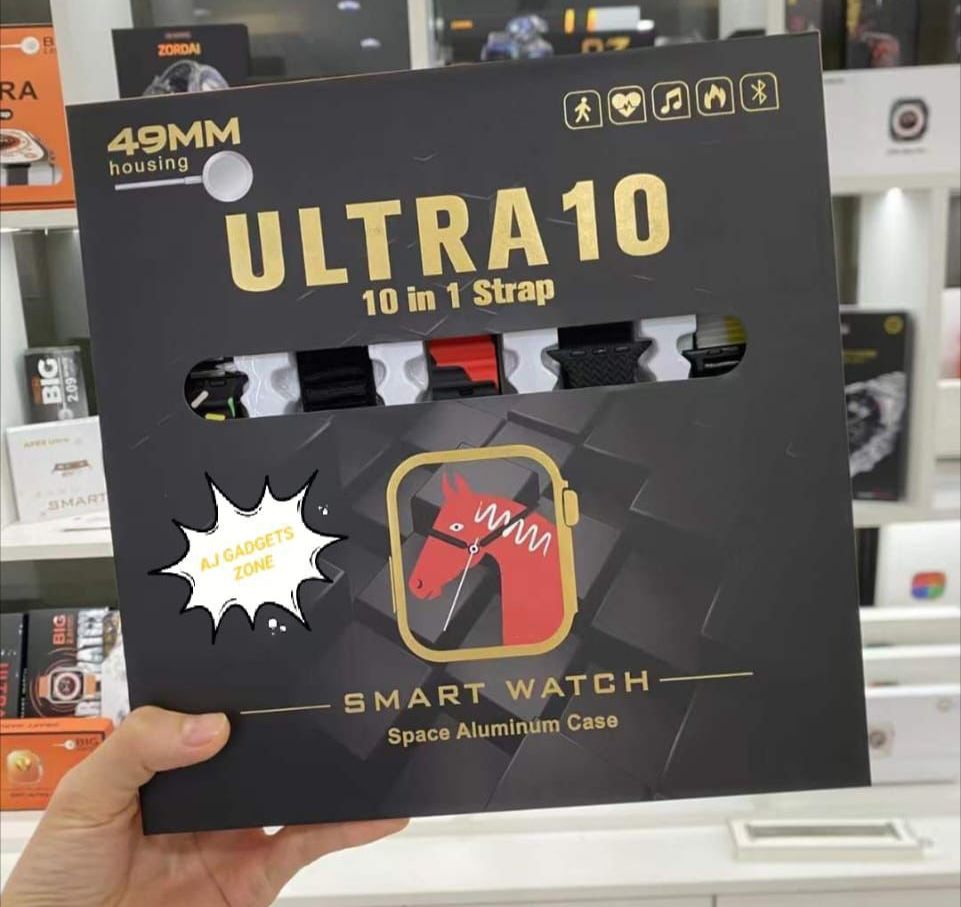 Ultra 10 Smart Watch | 10 in 1 Straps+Jelly Case | BT Calling | Super HD Display 49mm | Multi color straps &amp; wireless charging (Random color) View Gallery - Pakistan