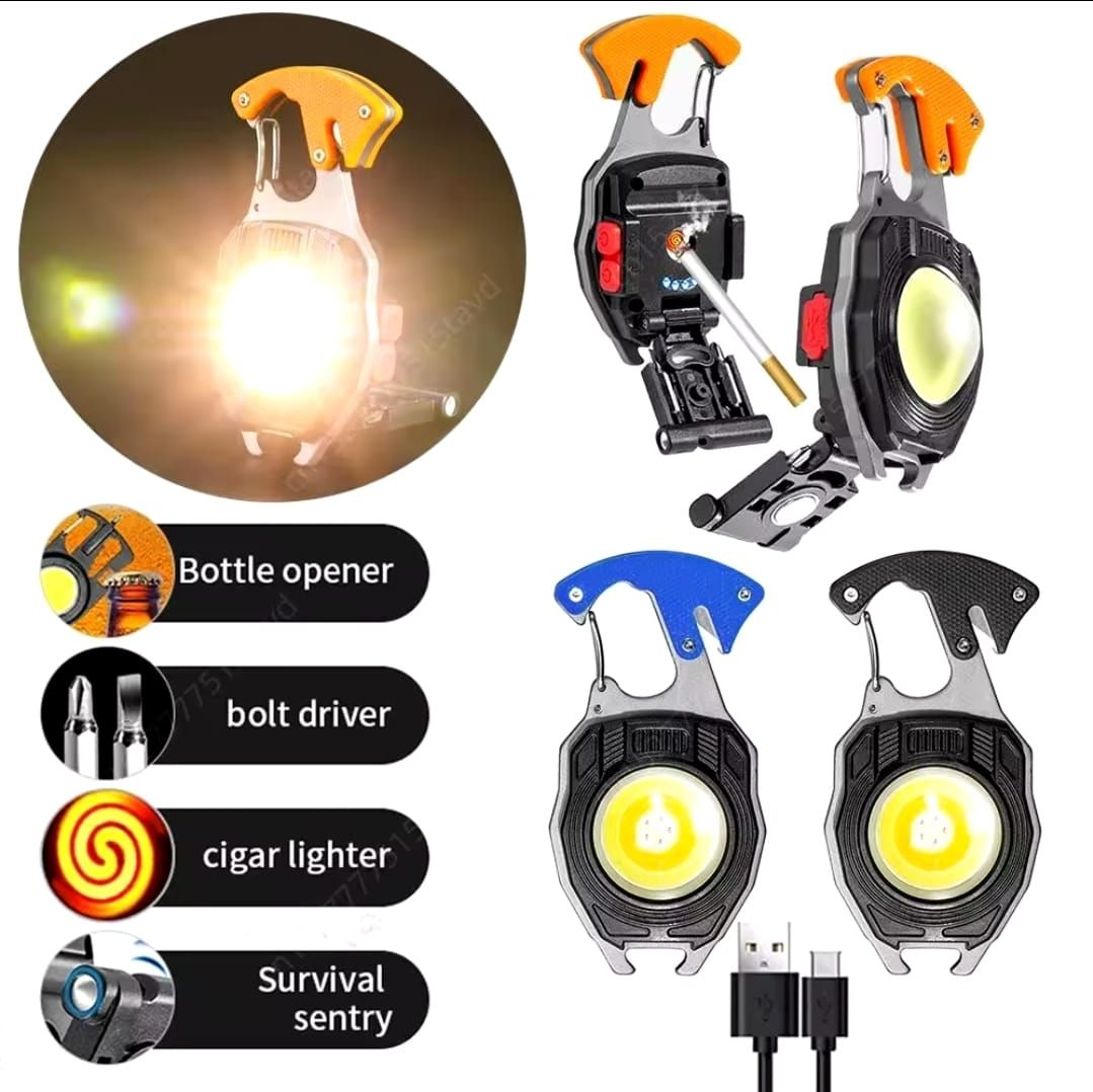 Multifunction Keychain COB Work Lights Strong Magnet Mini Torch with Cigarette Lighter Screwdriver USB Rechargeable Flashlight (Random color) View Gallery - Pakistan