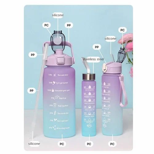 3 Pack Water Bottles with  2L Large Bottle 700MLPortable Bottle and 300ML Mini Bottle Motivational (random color) View Gallery - Pakistan