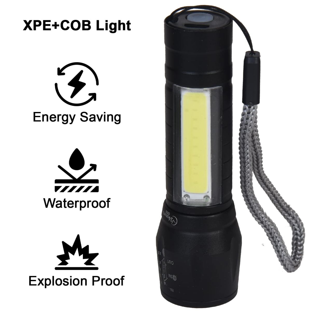 USB Charging XPE+COB LED Flashlight Lamp Torch With Clip Three Mode Zoomable Lamp Built in Battery with Box View Gallery - Pakistan