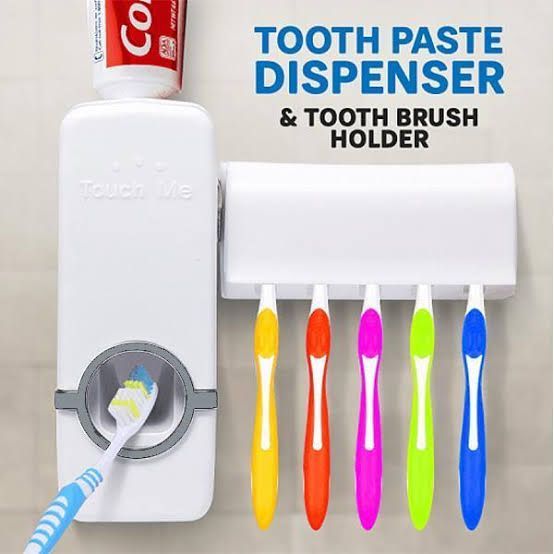 Tooth Paste Dispenser With 5 Brush Holder Wall Mounted Automatic Hands Free Toothpaste Dispenser