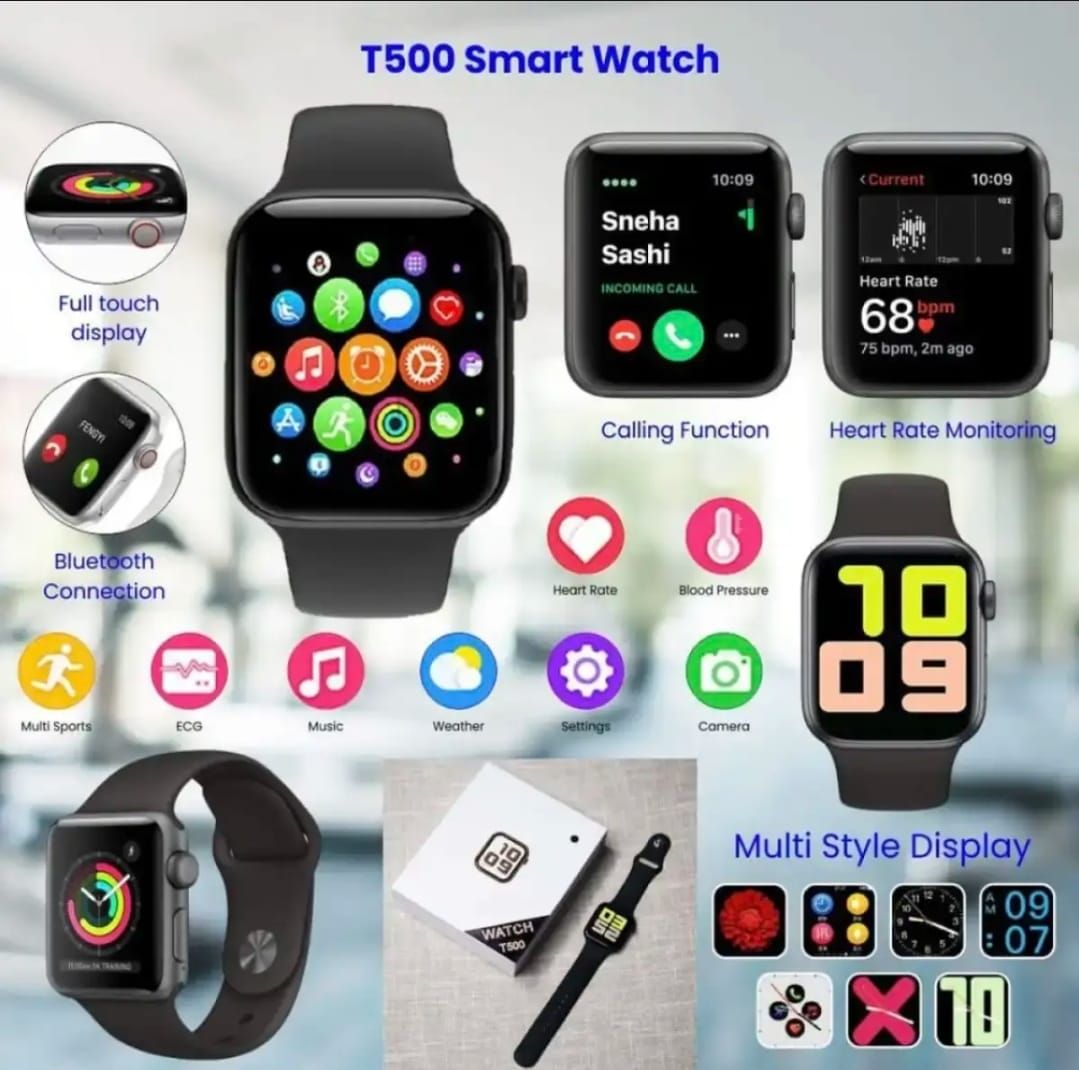 T500 Bluetooth Smart Watch Heart rate monitor Sports fitness tracking for Men and Women (Random Color) View Gallery - Pakistan
