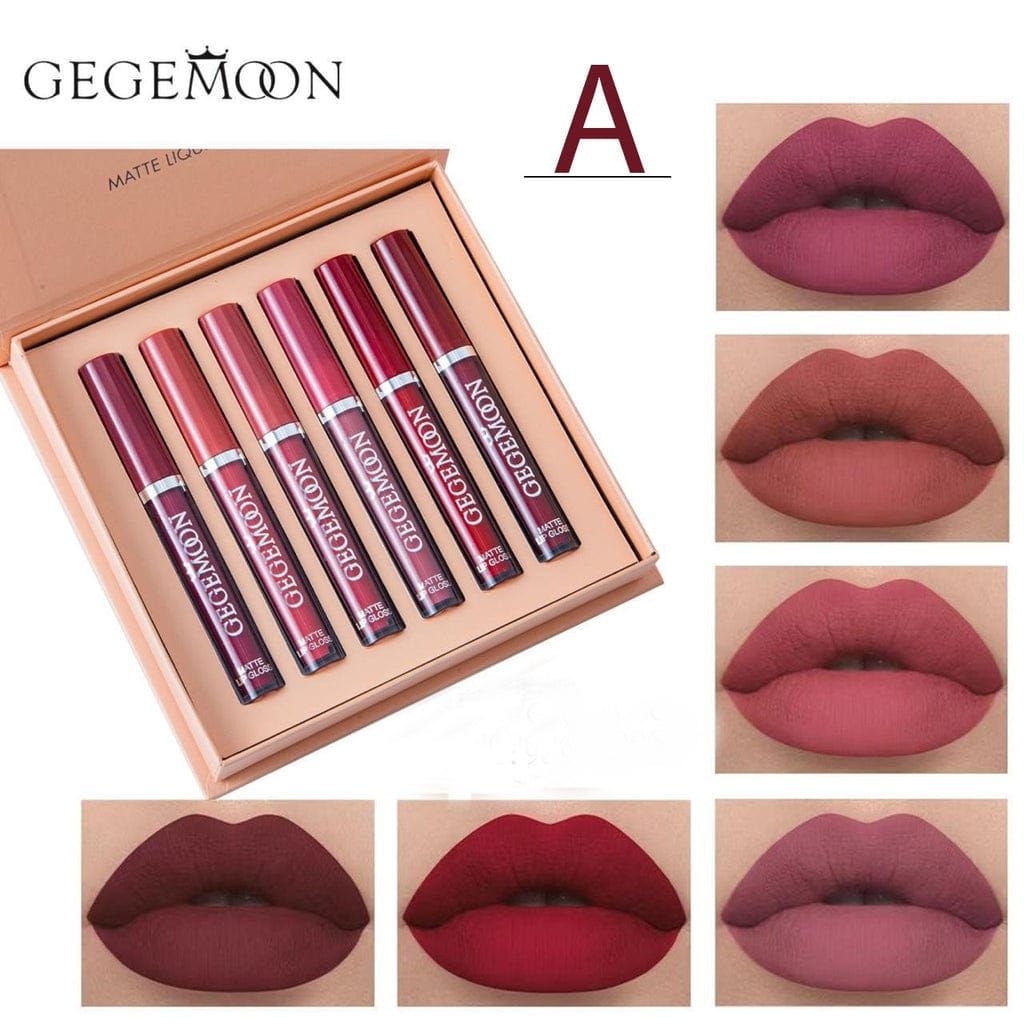 GEGEMOON 6 Colors Long Lasting Velvet Lips Tint Liquid Lipsticks Waterproof Non-Stick Cup Lip-gloss Gift Set View Gallery - Pakistan
