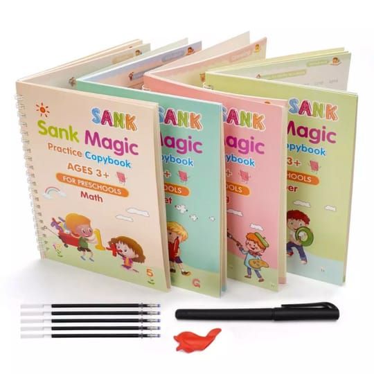 Sank Magic book Practice | Sank Magic Book for Montessori Children Tracing Handwriting First Pre-school Baby Learning Books for Kids (4 Books + Magic Pen with 10 Ink Refills) View Gallery - Pakistan
