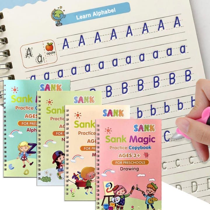 Sank Magic book Practice | Sank Magic Book for Montessori Children Tracing Handwriting First Pre-school Baby Learning Books for Kids (4 Books + Magic Pen with 10 Ink Refills) View Gallery - Pakistan