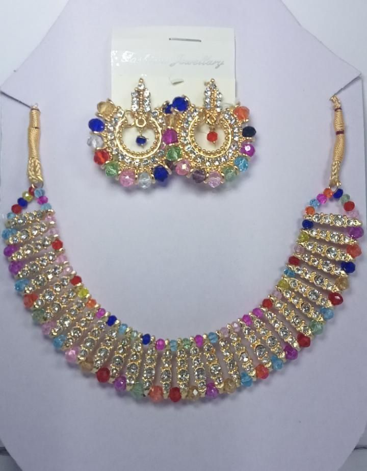 Colorful chowker neckless and  crystal round earrings  jewellery set for girls, womans View Gallery - Pakistan