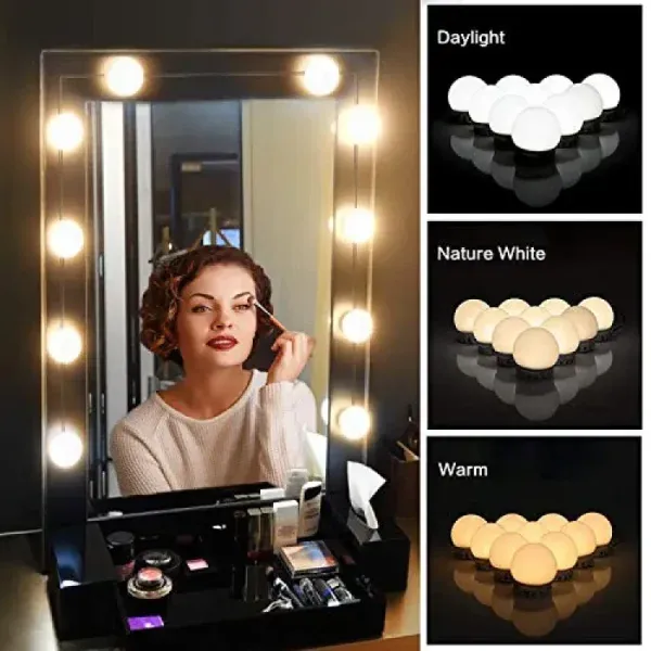 Vanity Mirror Fill 10Pc Light Bulb | Changeable Luminance 3 Colors LED USB String Dimmable Vanity Light