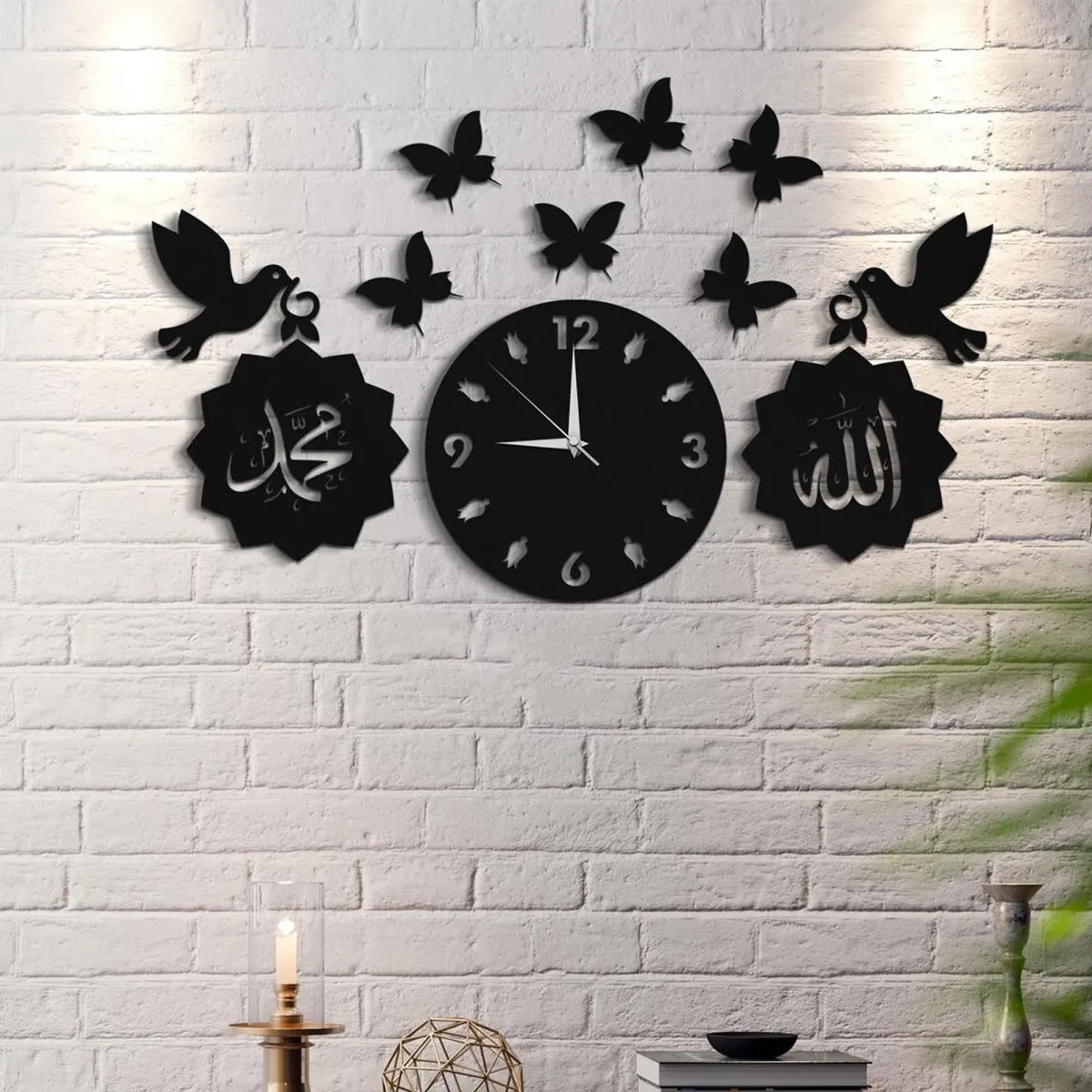 Allah Muhammad with beautiful butterfly  Wooden Wall Clock Islamic 3D Style Wooden Wall Clock with light View Gallery - Pakistan