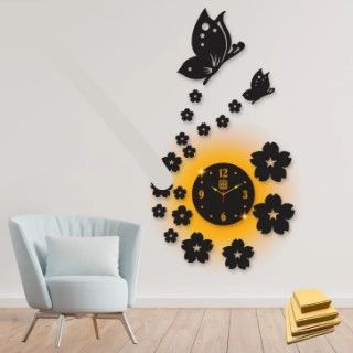 3d wall clock | Wall Clock With Wooden Butterflies  , Flowers  with light