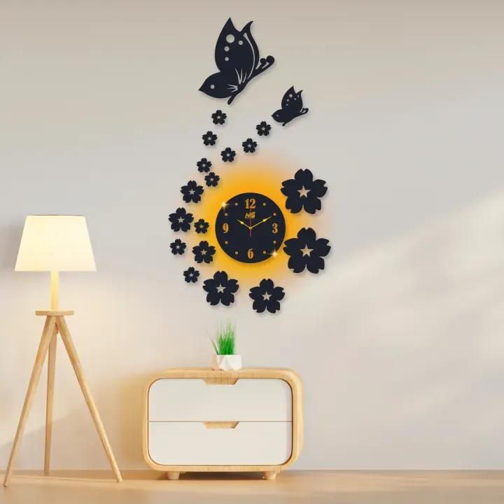 3d wall clock | Wall Clock With Wooden Butterflies  , Flowers  with light View Gallery - Pakistan