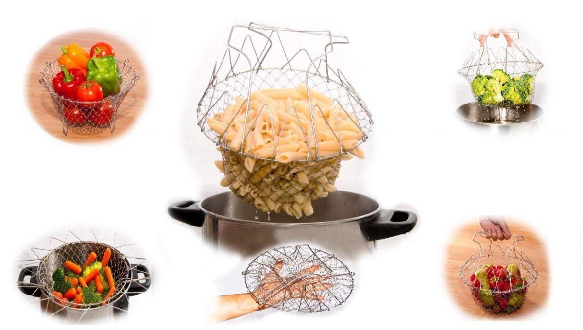 STAINLESS STEEL MULTI-FUNCTIONAL FOLDABLE COOKING Chef Basket Deluxe Kitchen Colander, MESH STEAM RINSE STRAIN FRY BASKET DEEP FRYER View Gallery - Pakistan