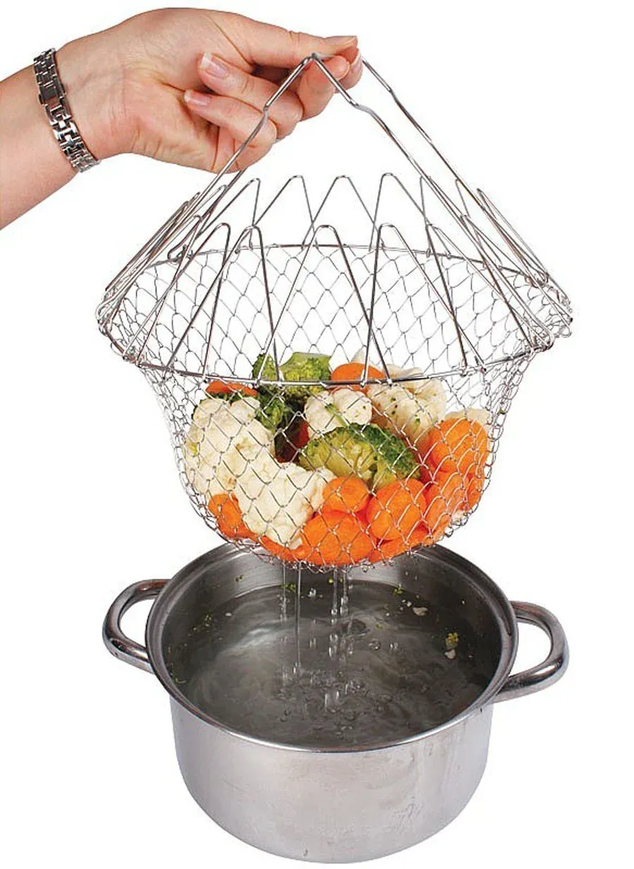STAINLESS STEEL MULTI-FUNCTIONAL FOLDABLE COOKING Chef Basket Deluxe Kitchen Colander, MESH STEAM RINSE STRAIN FRY BASKET DEEP FRYER View Gallery - Pakistan