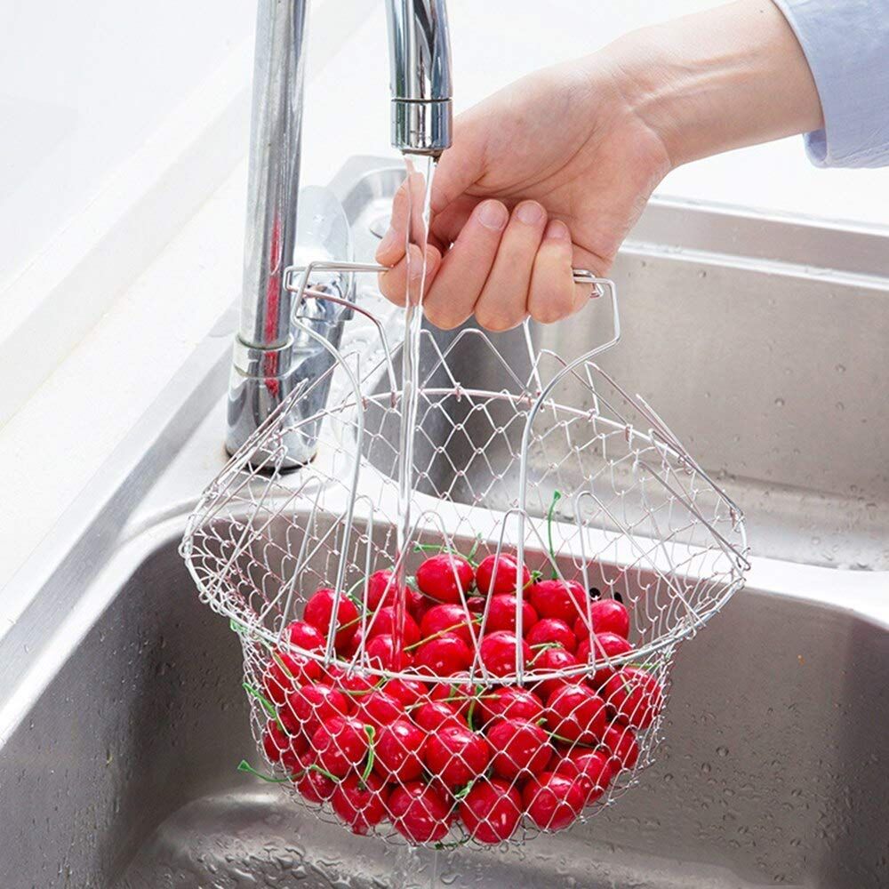 STAINLESS STEEL MULTI-FUNCTIONAL FOLDABLE COOKING Chef Basket Deluxe Kitchen Colander, MESH STEAM RINSE STRAIN FRY BASKET DEEP FRYER View Gallery - Pakistan
