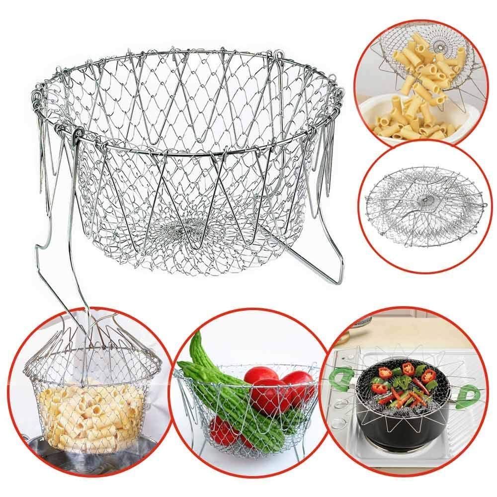 STAINLESS STEEL MULTI-FUNCTIONAL FOLDABLE COOKING Chef Basket Deluxe Kitchen Colander, MESH STEAM RINSE STRAIN FRY BASKET DEEP FRYER View Gallery - Pakistan