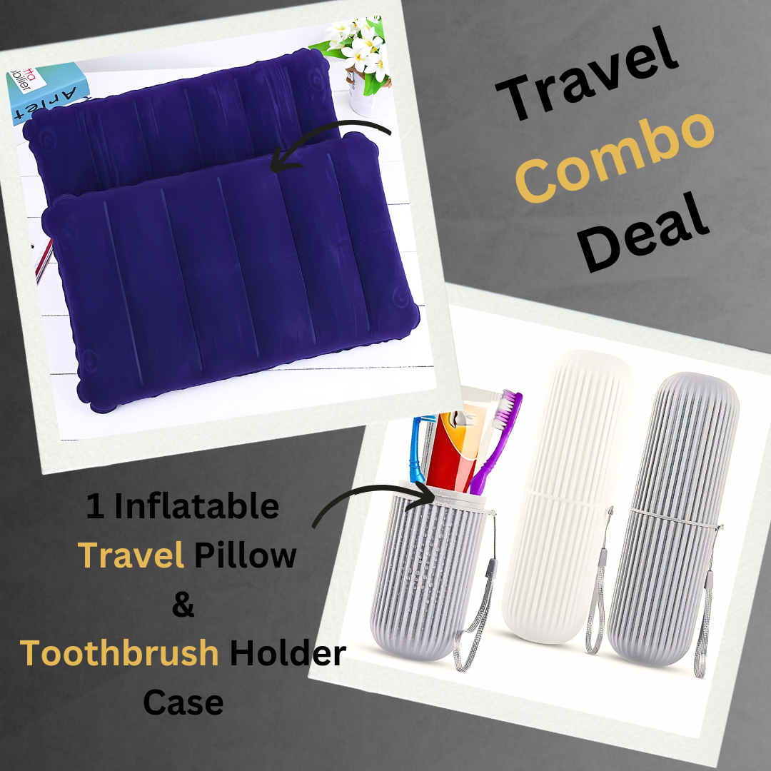 Travel Combo Deal - Travel Portable comfortable Inflatable Air Pillow Cushion &amp;amp; Portable Toothbrush Holder Case ( Random color )