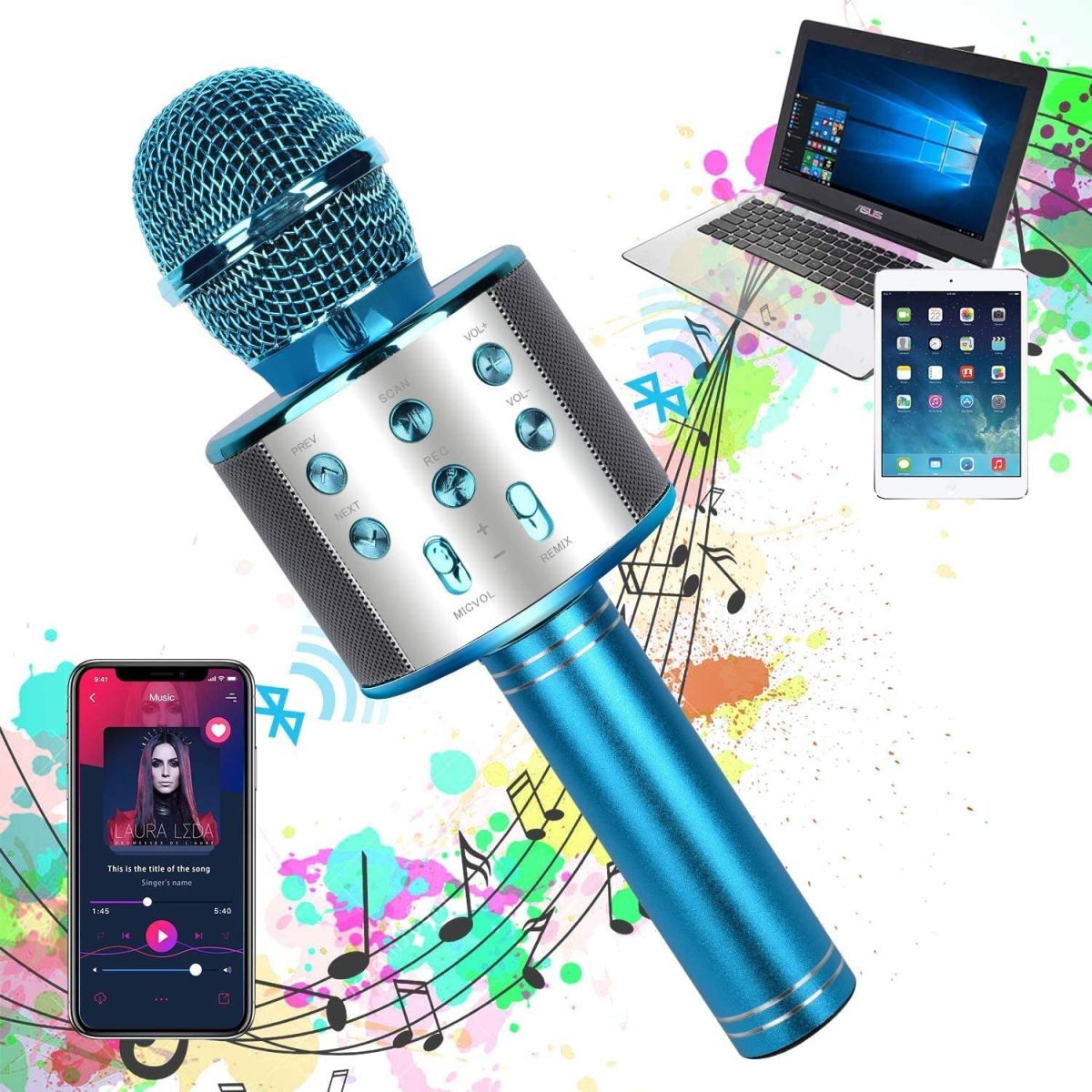 Bluetooth Handheld Karaoke Speaker Player Machine for Kids Adults Home KTV Party for Android/Iphone/Ipad/Pc (Random Color) View Gallery - Pakistan