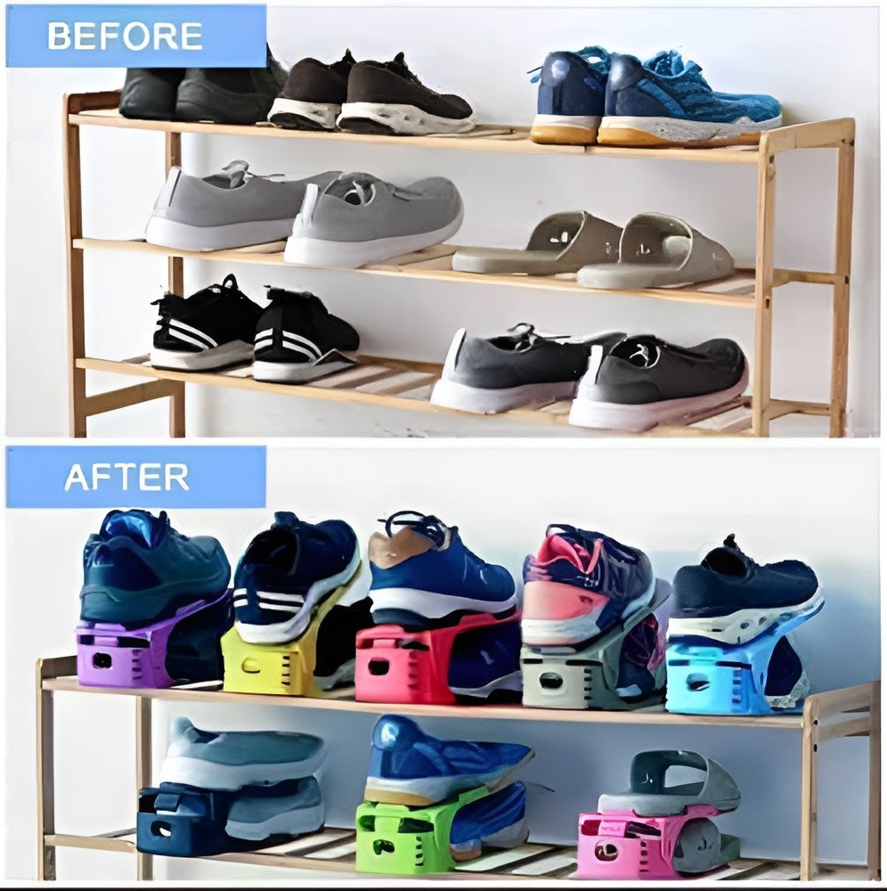 Pack of 2 Double Layer Adjustable Shoe Bracket Storage Shoe Rack | 2 In 1 Foldable Shoe Holder Space Saving (Random color) View Gallery - Pakistan