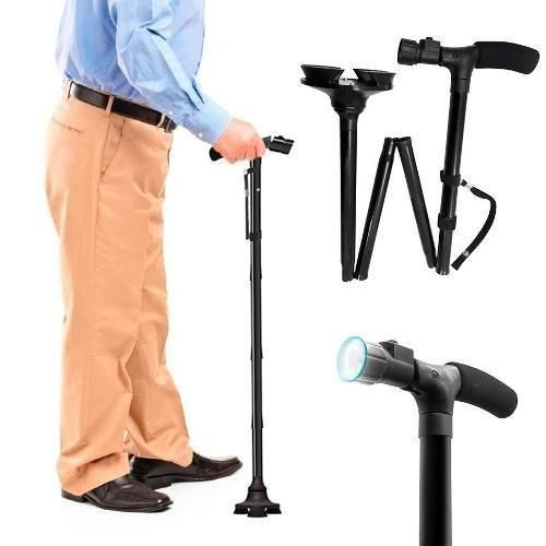 Portable Folding Walking Stick with Led Light &amp;amp; Aluminium Handle For Adults or old Peoples Black