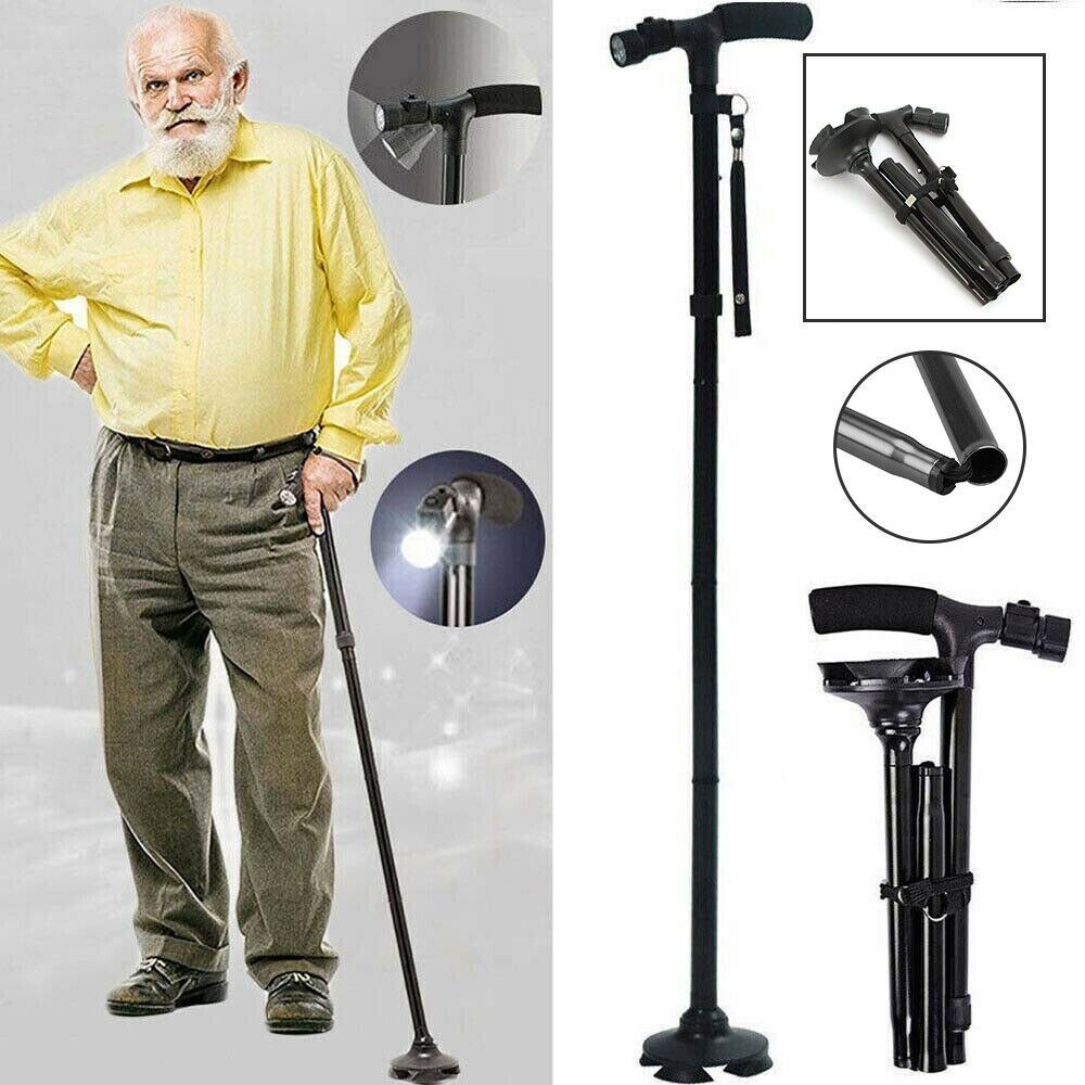 Portable Folding Walking Stick with Led Light &amp; Aluminium Handle For Adults or old Peoples Black View Gallery - Pakistan