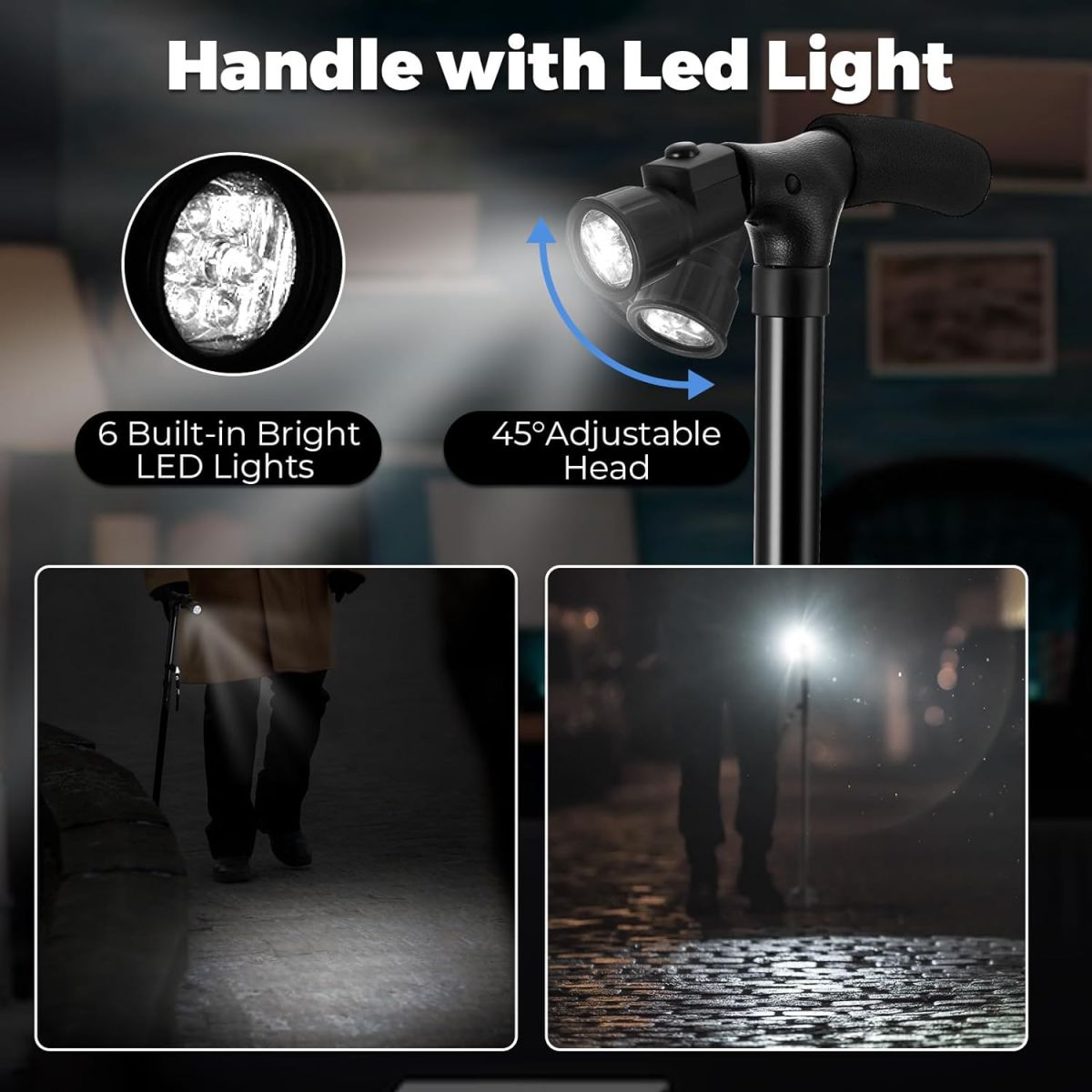 Portable Folding Walking Stick with Led Light &amp; Aluminium Handle For Adults or old Peoples Black View Gallery - Pakistan