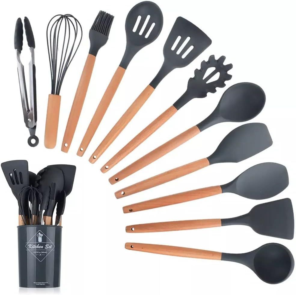 12 Pcs Silicone Cooking Utensils Kitchen Utensil Set | Heat Resistant Kitchen Non toxic Spatula Set with Turner Tongs,Spoon,Brush,Whisk-Wooden Handle(Random color)
