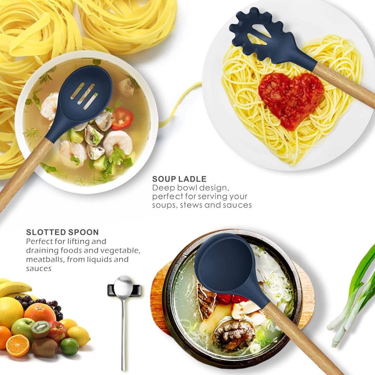12 Pcs Silicone Cooking Utensils Kitchen Utensil Set | Heat Resistant Kitchen Non toxic Spatula Set with Turner Tongs,Spoon,Brush,Whisk-Wooden Handle(Random color) View Gallery - Pakistan