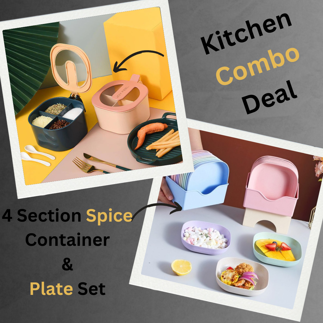 Combo Deal - 4 Section Spice Container Box &amp;amp; Multi-function Spit Bone 10 Plate Set Kitchen Storage Organizer (Random color)